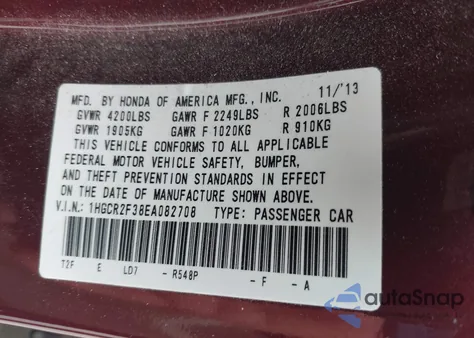 2014 Honda Accord Lx from USA, damaged, VIN 1HGCR2F38EA082708